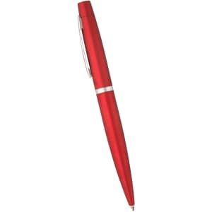 A red pen featuring a sleek design and silver accents, presented with a logo.