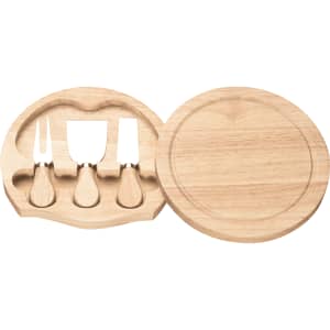 A wooden gourmet entertainer set featuring a round platter and three cheese knives. The set has a natural finish.