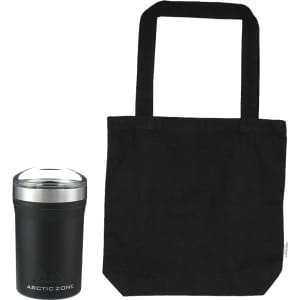 A black tote bag and a black drink bottle with a silver lid, featuring a logo on the bottle.