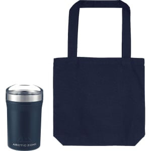 A dark navy tote bag next to a stainless steel drink container with a lid. Both items feature a logo.