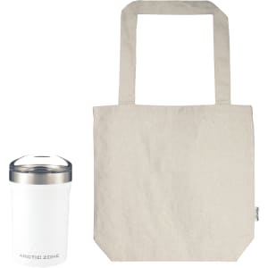 A white drink bottle and a natural-coloured tote bag, both featuring a logo.