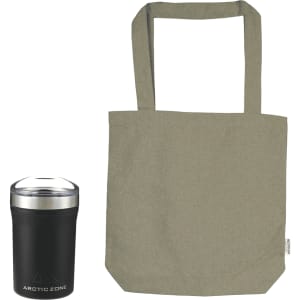 A black drink bottle with a silver lid next to a khaki tote bag, both featuring a logo.