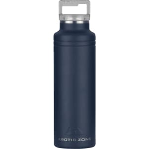A drink bottle in navy blue with a silver lid and a branded logo on the front.