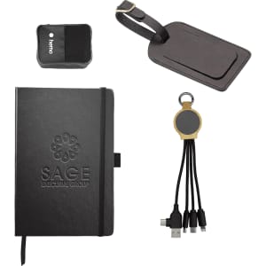 A black notebook, a luggage tag, a charging cable with multiple connectors, and a power bank, all featuring branding.