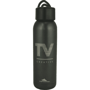 A drink bottle in black with a carrying loop and a logo. It has a sleek, modern design suitable for hydration.