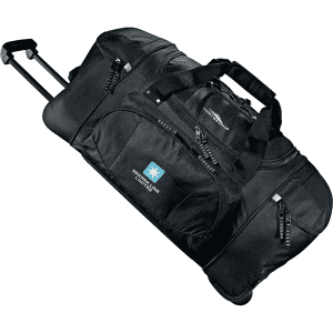 A black wheeled duffel bag with multiple compartments and a retractable handle, featuring a logo.