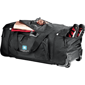 A black wheeled duffel bag with a logo, featuring external pockets and sports gear visible inside.