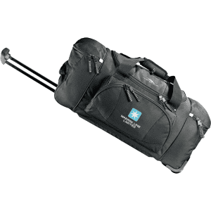 A wheeled duffel bag in black with multiple compartments and a retractable handle. It features a logo.