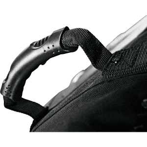 A close-up of a black wheeled duffel bag handle featuring a textured grip and attachment details.