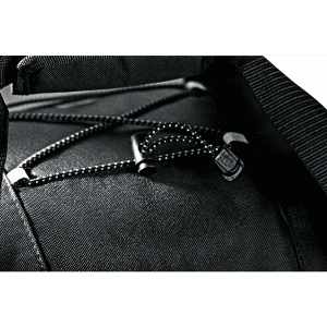 A close-up of a black wheeled duffel bag showcasing its zipper and bungee cord detail. The bag features branding.