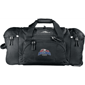 A black wheeled duffel bag with multiple compartments and a logo on the front.