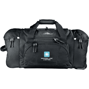 A black wheeled duffel bag with multiple compartments and a logo on the front.