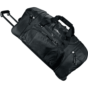 A black wheeled duffel bag with multiple zippered pockets and a retractable handle. It features a logo.