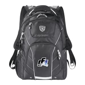 A black High Sierra Elite Fly-By 17" backpack with multiple compartments, zippers, and a logo.
