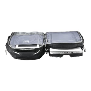 A black computer backpack with multiple compartments, including a padded section for a laptop and various organisational pockets.