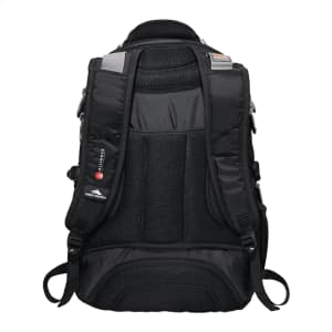 A black computer backpack with padded straps and mesh detailing, featuring multiple compartments and a logo.
