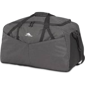 A large, grey duffel bag with multiple compartments and a shoulder strap, featuring a logo on the front.