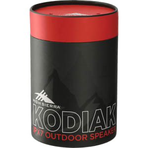 A cylindrical black speaker with a red top, featuring a logo and the model name "Kodiak IPX7 Outdoor Speaker."