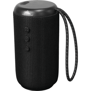 A cylindrical black Bluetooth speaker with a textured surface, buttons on the front, and a carrying strap.