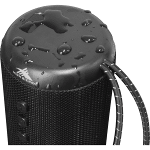 A black outdoor Bluetooth speaker with a textured surface, featuring water droplets and a carrying strap.