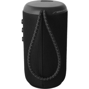 A black outdoor Bluetooth speaker with a textured surface and a carrying strap. Features control buttons on the side.
