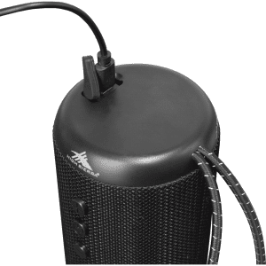 A black outdoor Bluetooth speaker with a textured finish, featuring control buttons and a charging port.