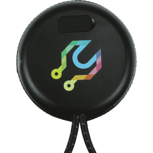 A round black Bluetooth speaker with a multicoloured logo, featuring a textured surface and a loop for attachment.