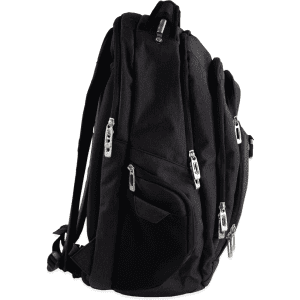 A black laptop backpack with multiple zippered compartments and a branding logo.