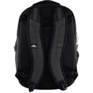 A black laptop backpack with padded shoulder straps and a sleek design, featuring a logo.