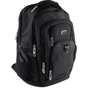 A black laptop backpack with multiple pockets and zippers, featuring a logo on the front.