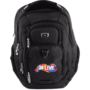 A black High Sierra Elite Eco RPET 17" computer backpack with multiple zipped pockets and a logo.