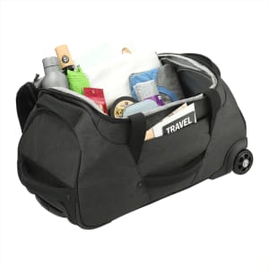 A wheeled duffel bag in charcoal grey with various items inside, including a drink bottle and travel essentials.