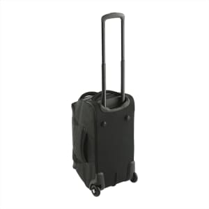 A black wheeled duffel bag with a retractable handle and wheels, featuring side pockets and a logo.