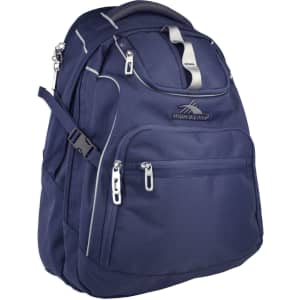 A navy blue High Sierra Access 3.0 Backpack with multiple zippered compartments and a branding logo.