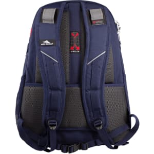 A navy blue backpack with padded mesh straps and a logo, designed for comfort and airflow.