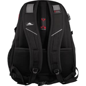 A black backpack with padded straps and mesh panels, featuring a logo and storage pockets on the sides.