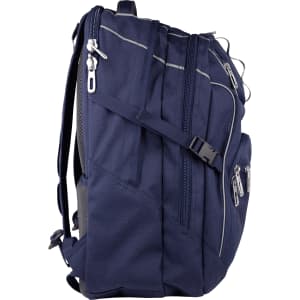 A navy backpack with multiple compartments, zippers, and adjustable straps. It features a logo on the side.