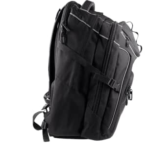 A black high-capacity backpack with multiple zippers and straps, featuring a logo on the side.