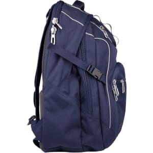 A navy blue backpack with multiple zippered compartments and adjustable straps. It features a logo on the front.