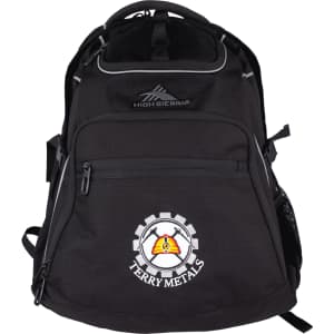 A black backpack featuring multiple compartments, adjustable straps, and a logo on the front.