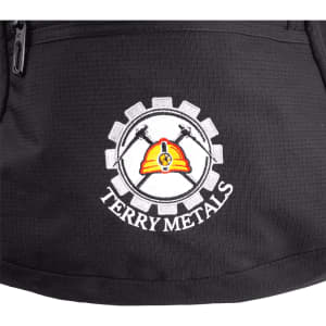 A black backpack featuring an embroidered logo with a helmet and gear design.