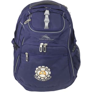 A navy blue High Sierra Access 3.0 Backpack with multiple compartments and a side mesh pocket. It features a logo.