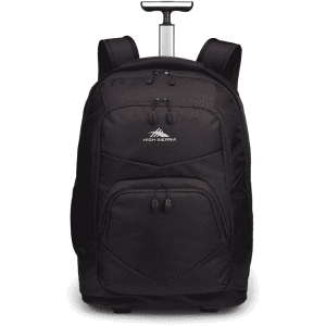 A black wheeled backpack with a retractable handle and multiple zippered compartments. Features a logo.