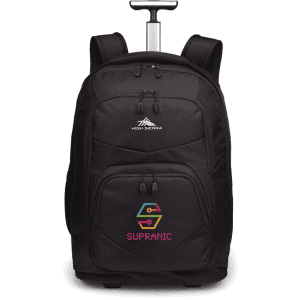 A black wheeled backpack with dual zippered compartments, adjustable straps, and a retractable handle.