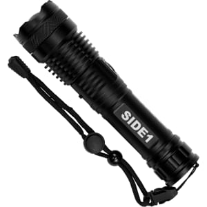 A black LED flashlight featuring a textured grip and attached wrist strap, designed for compact portability.