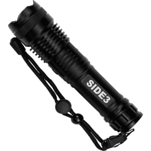 A black LED flashlight featuring a textured grip and a lanyard for easy handling. It has a logo on the side.