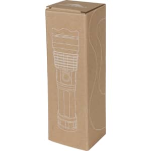 A cardboard box containing a High Sierra Eco 200 Lumen LED flashlight, featuring a simple design and eco-friendly materials.