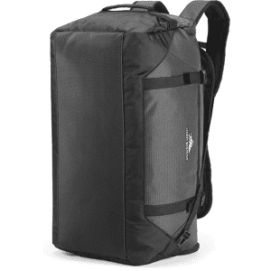 A black and grey duffel backpack with adjustable straps and a logo. Features a rectangular shape and durable material.