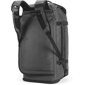A grey duffel backpack with adjustable straps and buckles, featuring a logo.
