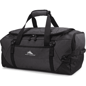 A black and grey duffel backpack with dual handles and a flap top, featuring a logo on the side.